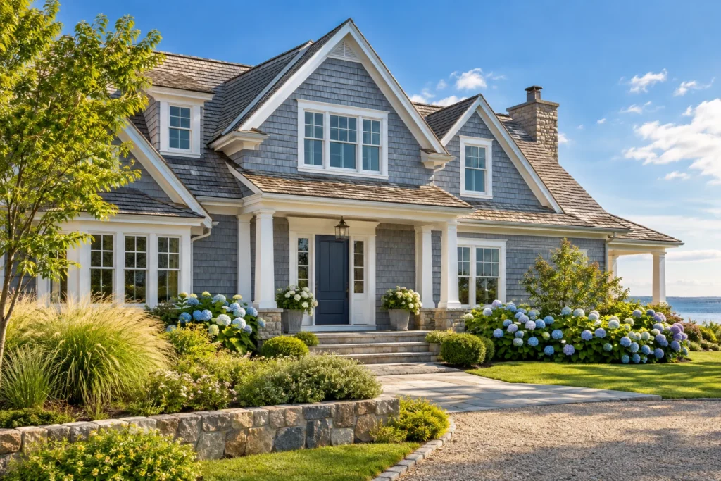 Coastal Long Island home with shingle siding and a welcoming front porch